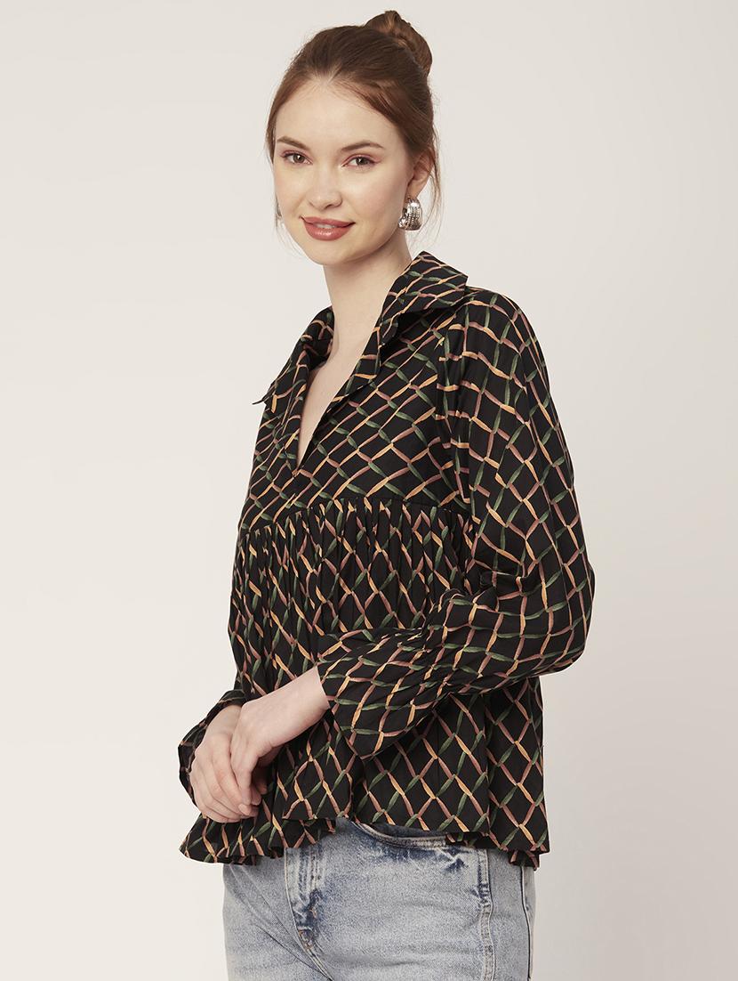 women printed collared flared top - 21484393 - Standard Image - 2