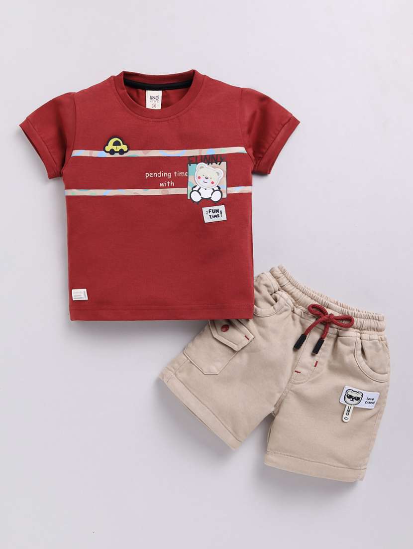 kids maroon cotton blend shorts set 