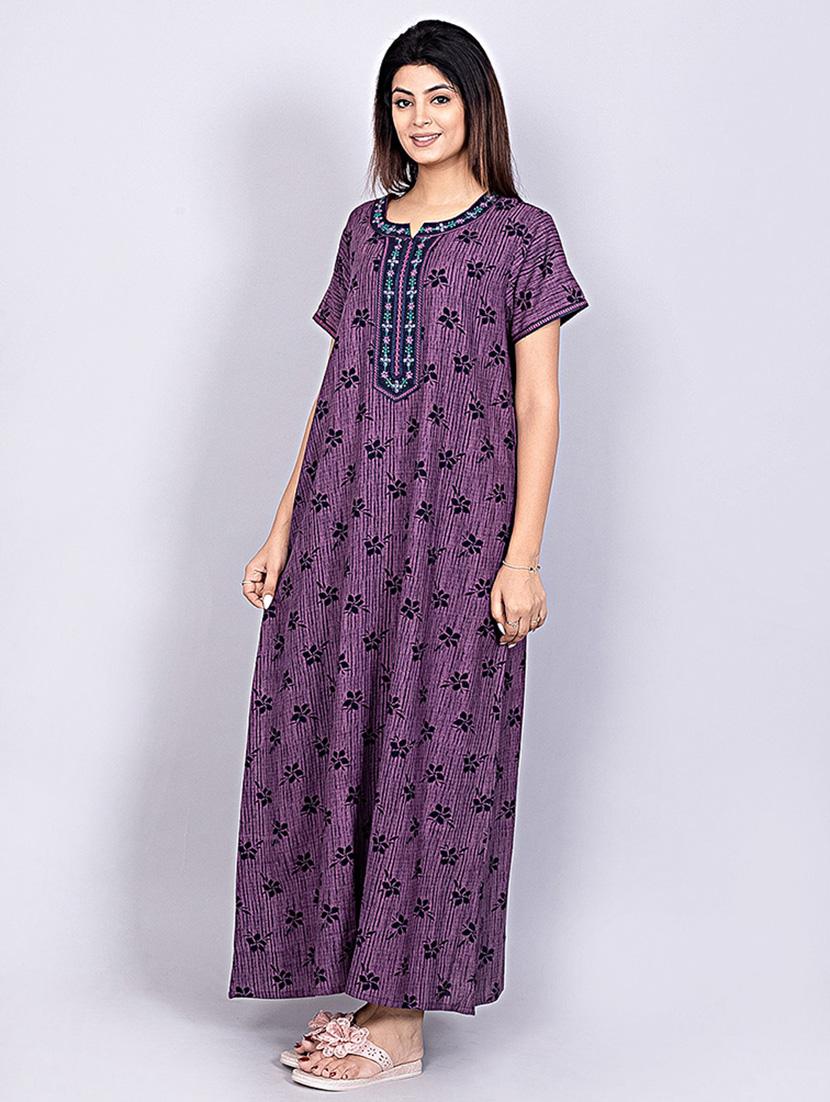 women purple cotton blend nighty - 21484679 - Standard Image - 2