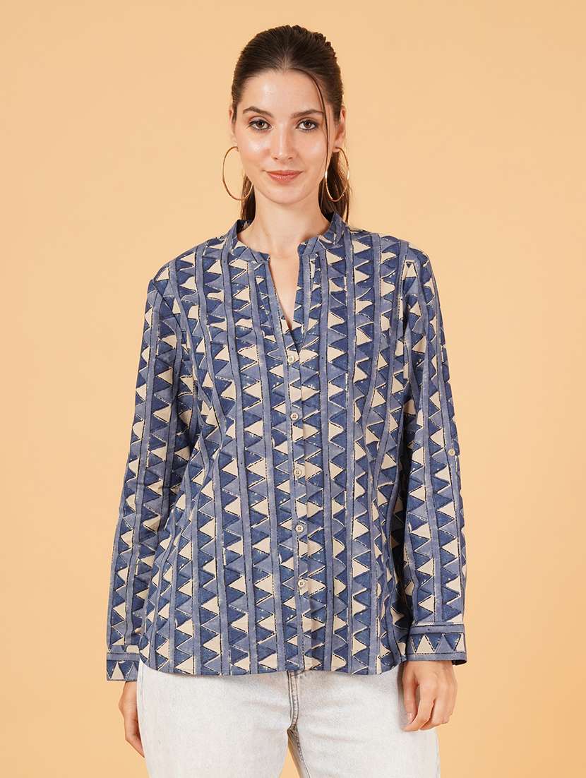 women navy blue cotton regular shirt