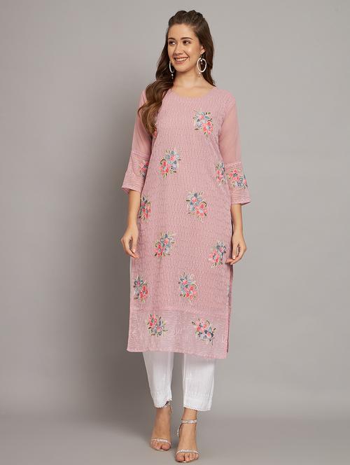 women pink georgette straight kurta - 21484841 - Standard Image - 0