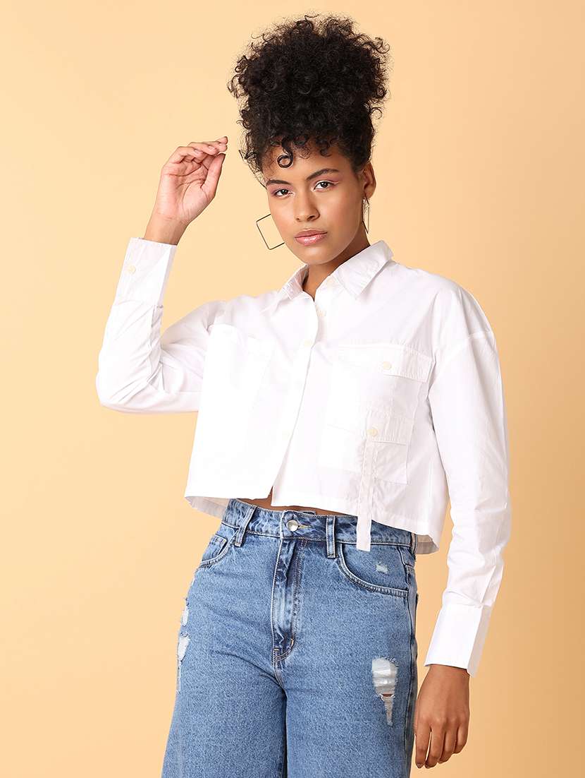 white solid crop shirt