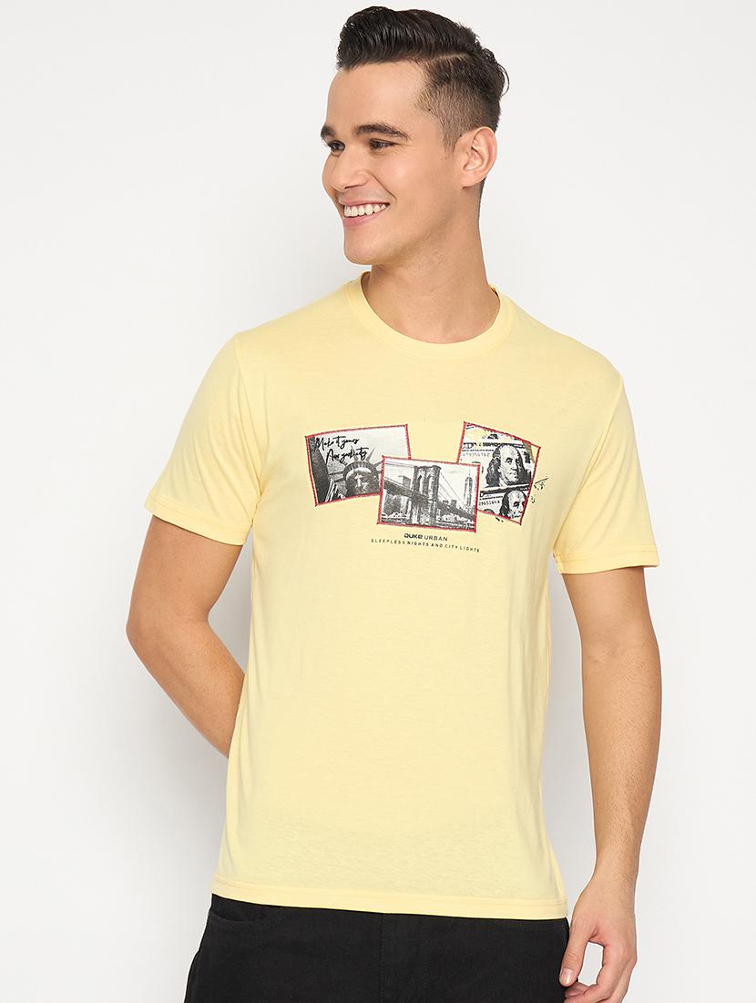 men yellow cotton blend chest print t-shirt - 21485169 -  Zoom Image - 0
