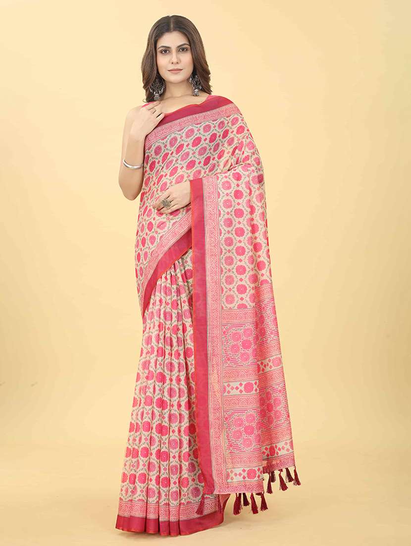 women pink floral printed saree