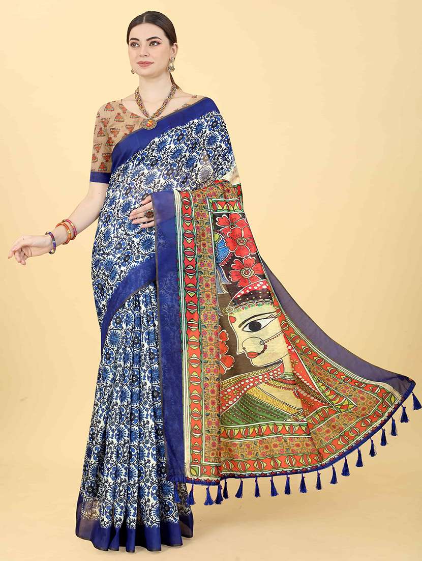 women blue floral printed saree