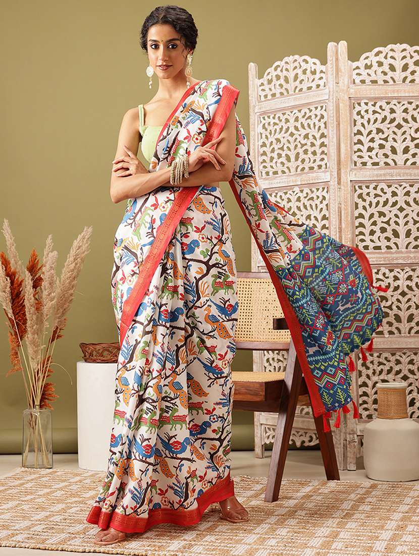 white printed saree with blouse