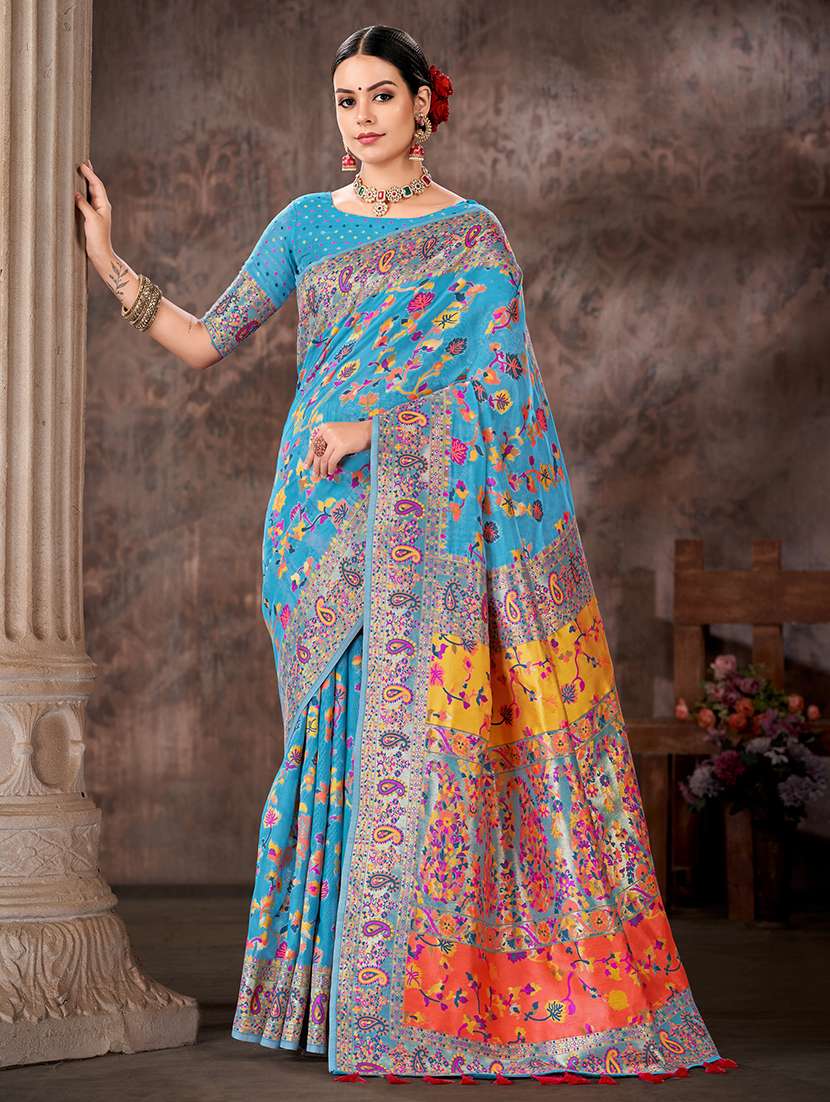 women blue baluchari saree