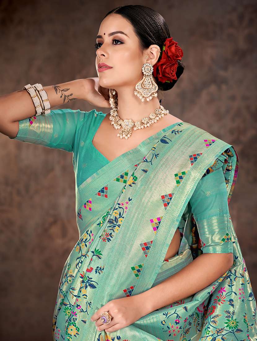 women turquoise baluchari saree - 21486121 -  Standard Image - 2