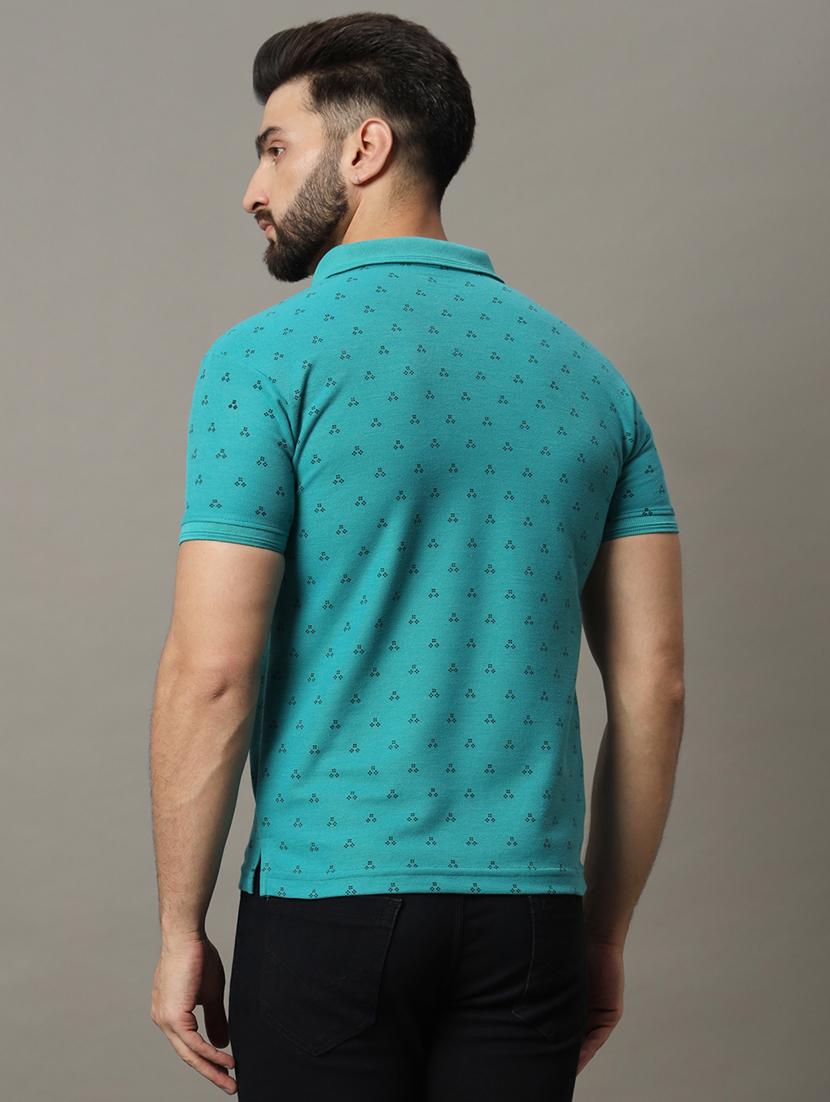 men sea green cotton blend all over print polo t-shirt - 21486174 - Standard Image - 2