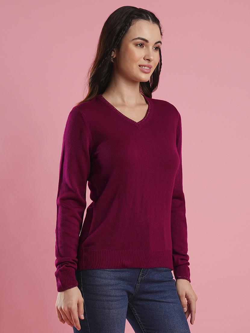 globus women pink v-neck self design ribbed hem flat knitted pullover - 21486194 - Zoom Image - 0
