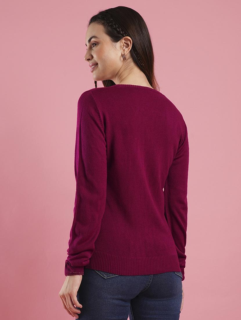globus women pink v-neck self design ribbed hem flat knitted pullover - 21486194 - Standard Image - 2