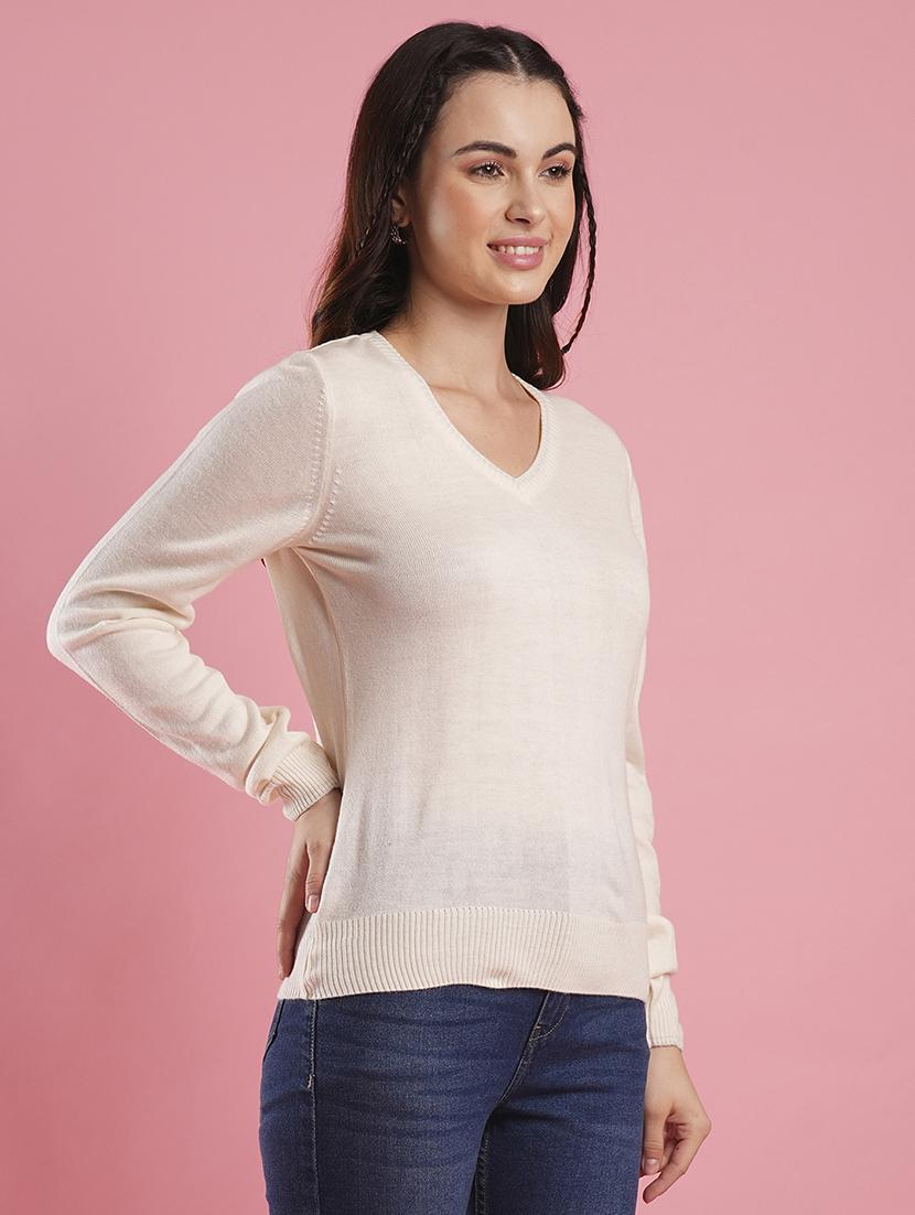 globus women off white v-neck self design ribbed hem flat knitted pullover - 21486195 - Zoom Image - 0