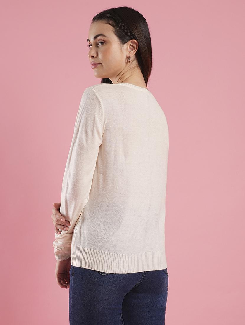 globus women off white v-neck self design ribbed hem flat knitted pullover - 21486195 - Standard Image - 2