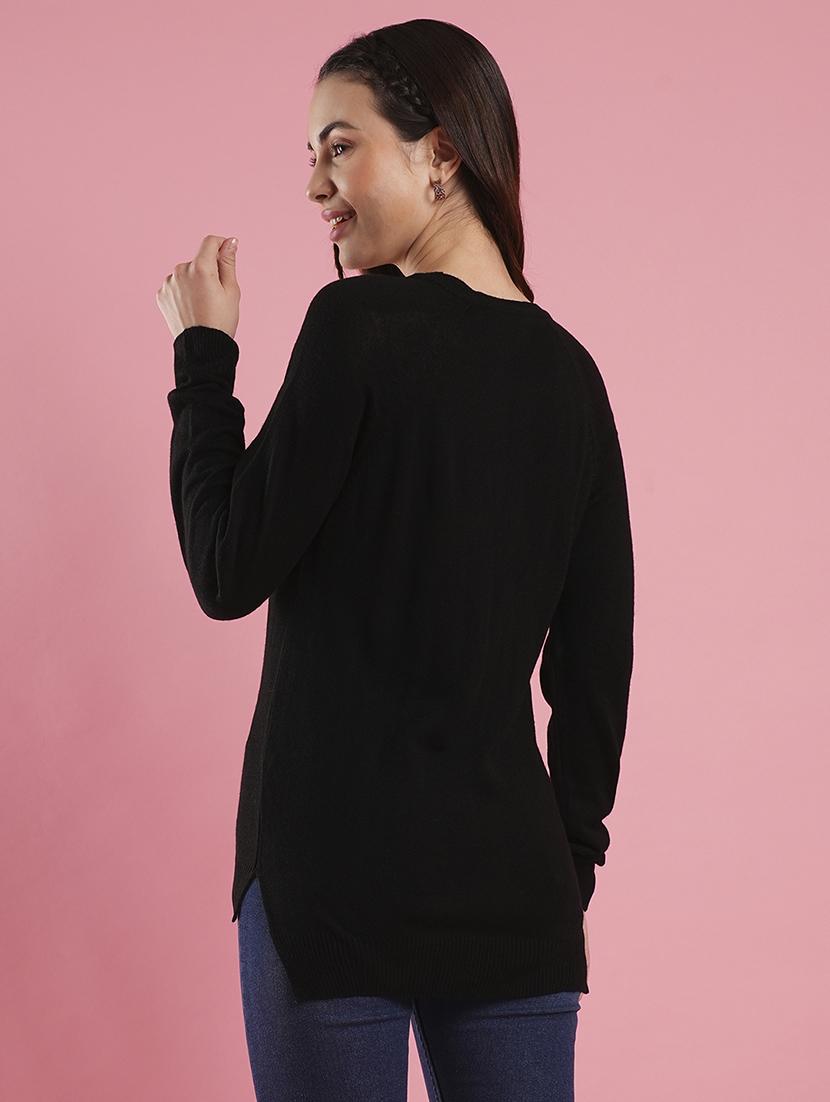 globus women black round neck raglan sleeves ribbed high low hem flat knitted pullover - 21486196 - Standard Image - 2