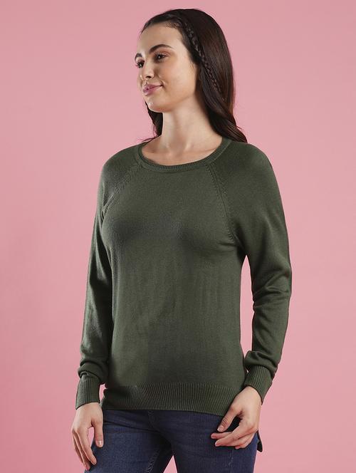 women's green round neck raglan sleeves ribbed high low hem flat knitted pullover - 21486197 -  Standard Image - 0