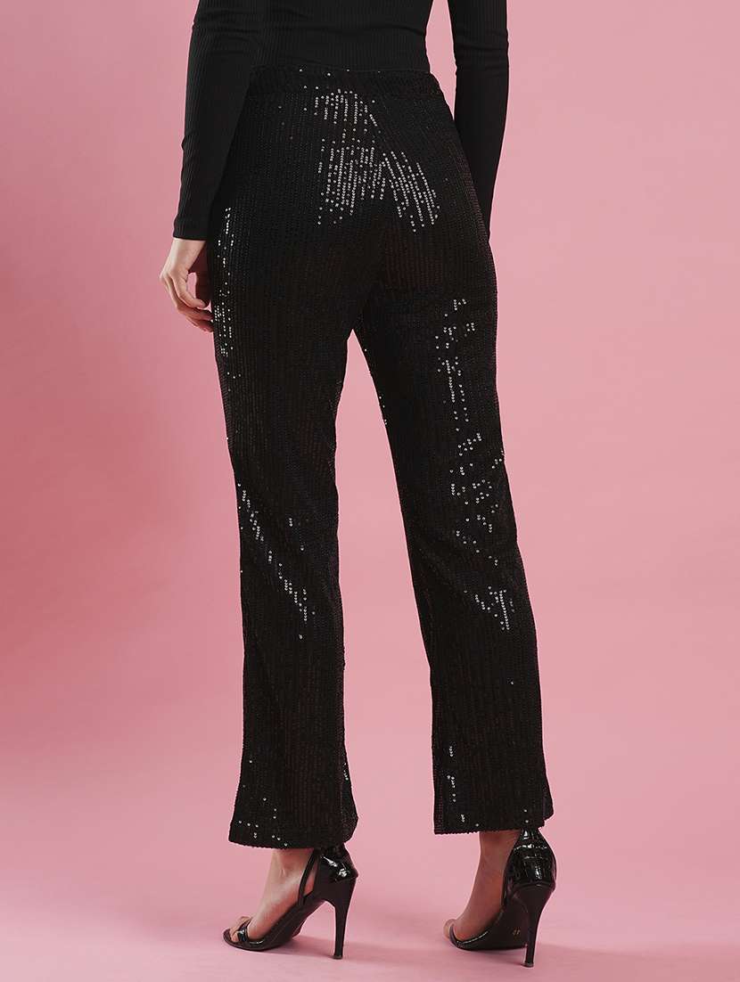 globus women black sequinnned  mid rise flared hem boot cut party trouser - 21486199 -  Standard Image - 2