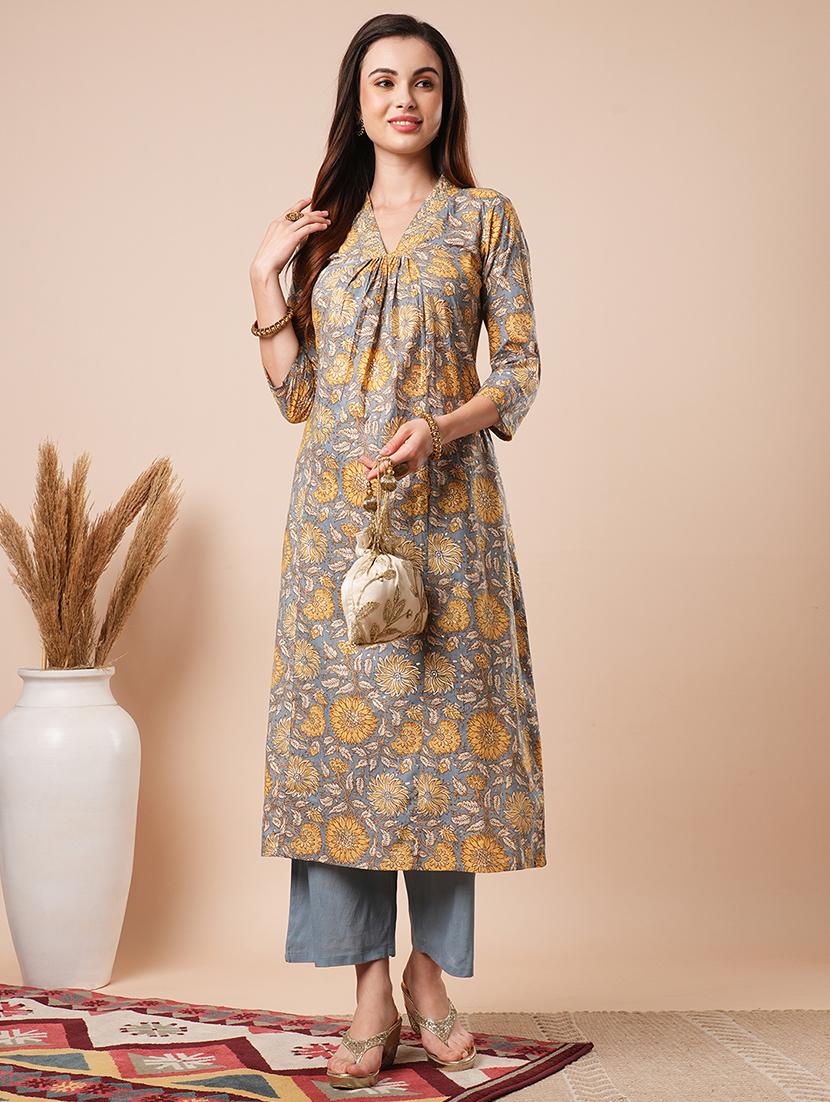 women's grey v-neck floral printed a-line workwear kurta with elasticated pants