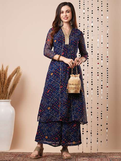 women's blue v-neck gotta lace bandhani print pleated a-line festive kurta with elasticated pants - 21486214 - Standard Image - 0