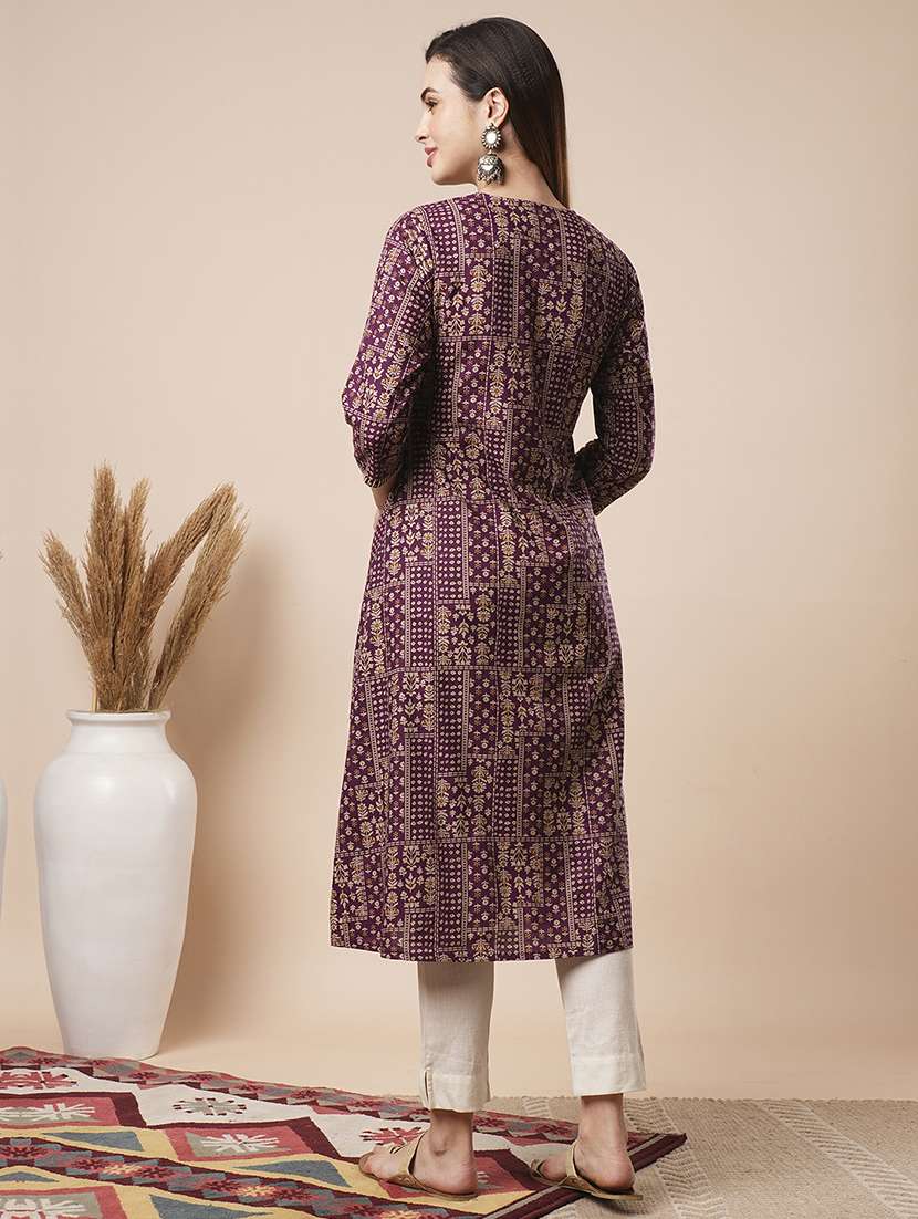 women's purple thread work neck floral printed button down a-line workwear kurta - 21486226 -  Standard Image - 2