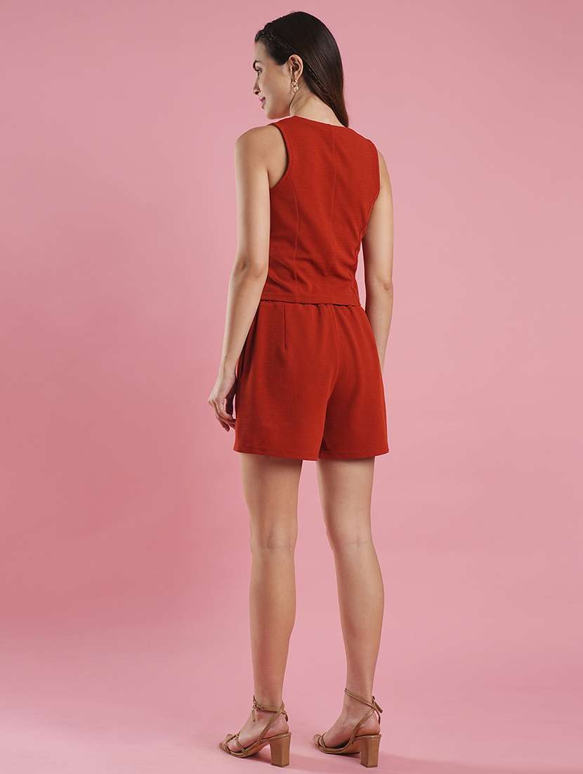 globus women rust v-neck big button front opening top & partially elasticated shorts co-ord set - 21486227 -  Standard Image - 2