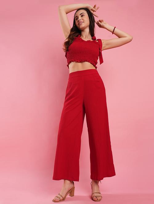 women's red tie up strappy shoulder smocked crop top & flare hem partially elasticated flat font trouser co-ord set - 21486230 -  Standard Image - 0