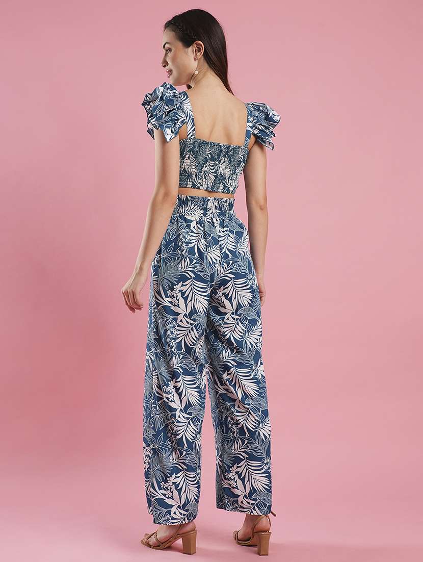 women's green tropical flutter sleeves crop & flare hem mid rise ankle length trouser co-ord set - 21486231 -  Standard Image - 2