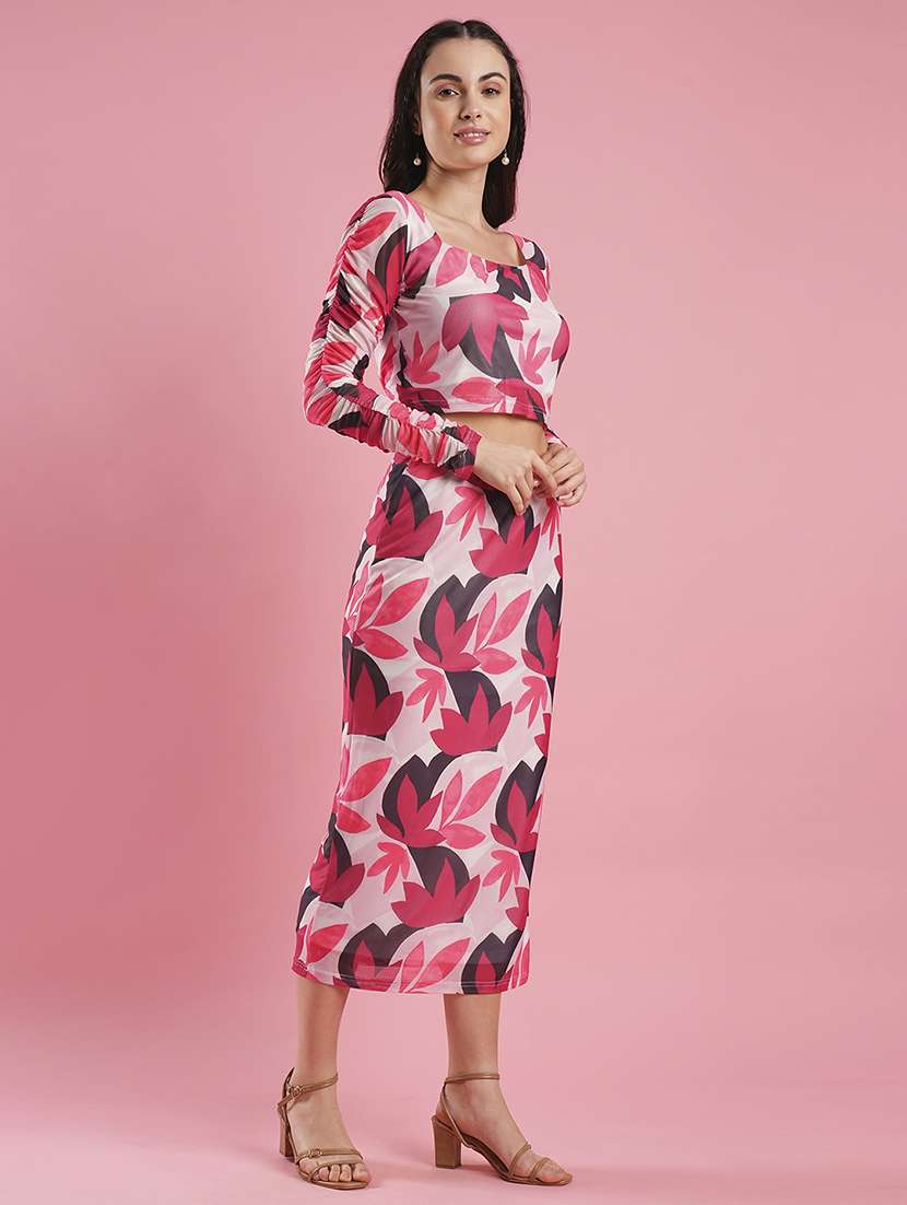 women's multi colour floral print sqaure neck crop top & calf length pencil skirt co-ord set - 21486235 - Standard Image - 2