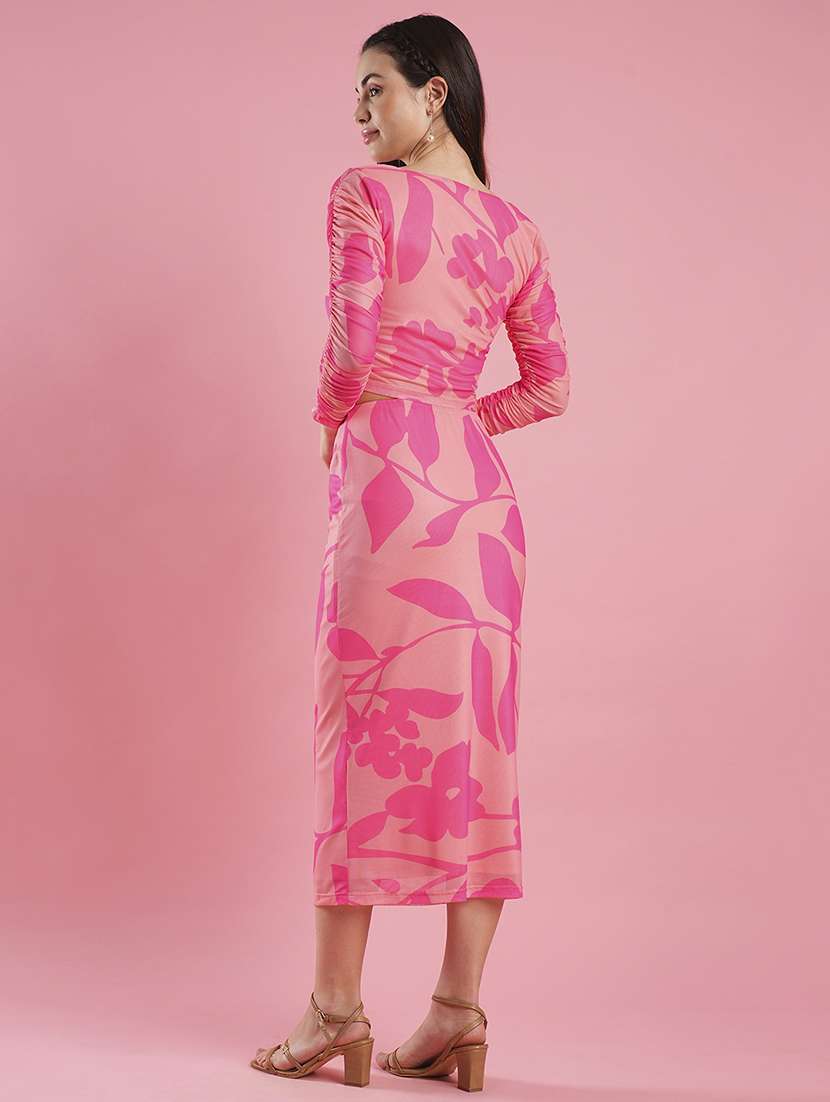 women's pink floral print sqaure neck crop top & calf length pencil skirt co-ord set - 21486236 -  Standard Image - 2