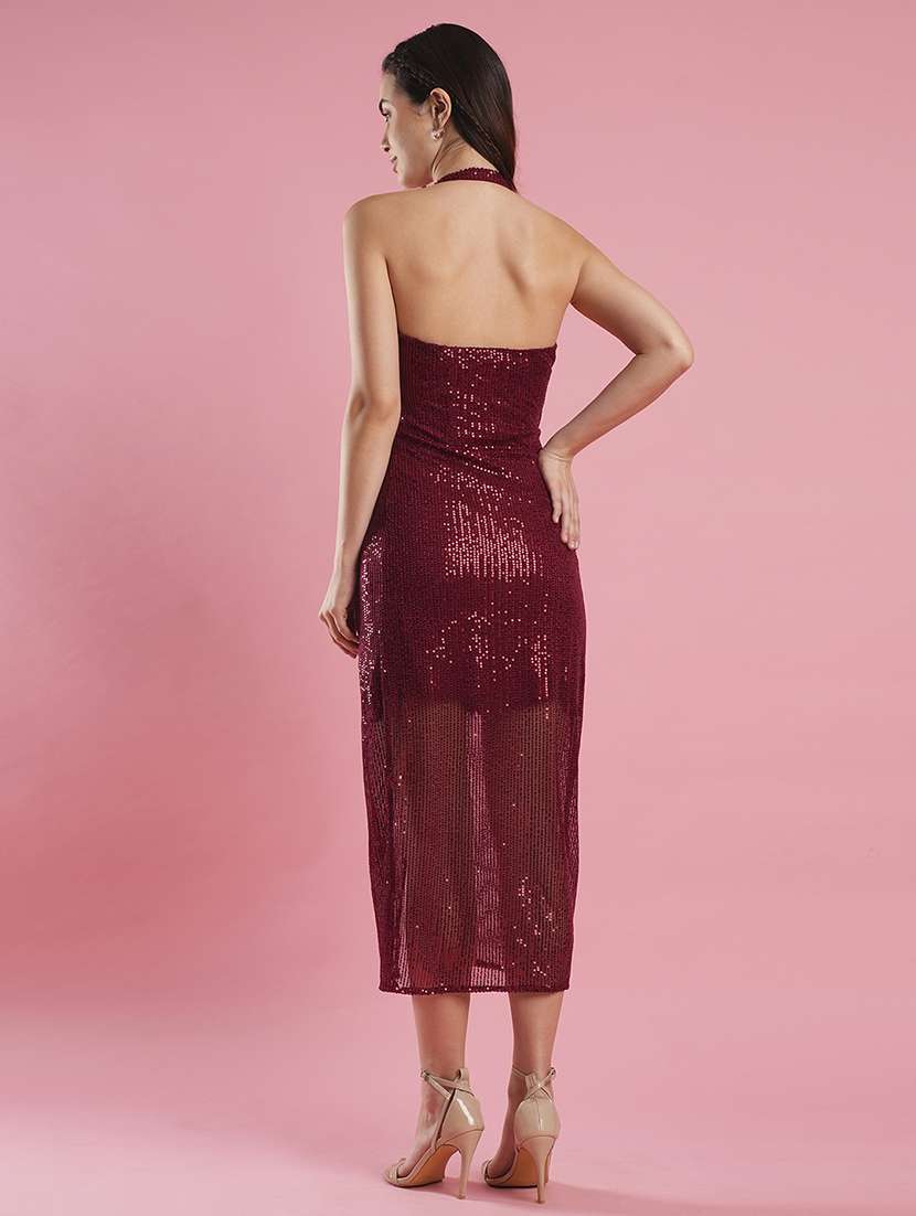 women's maroon halter neck wrap waist tie-up backless sequinned midi party dress - 21486280 - Standard Image - 2