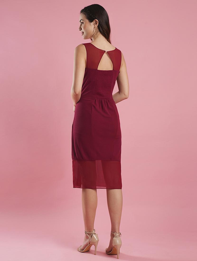 women's maroon illusion neck stylised back smocked bodycon midi party dress - 21486281 - Standard Image - 2