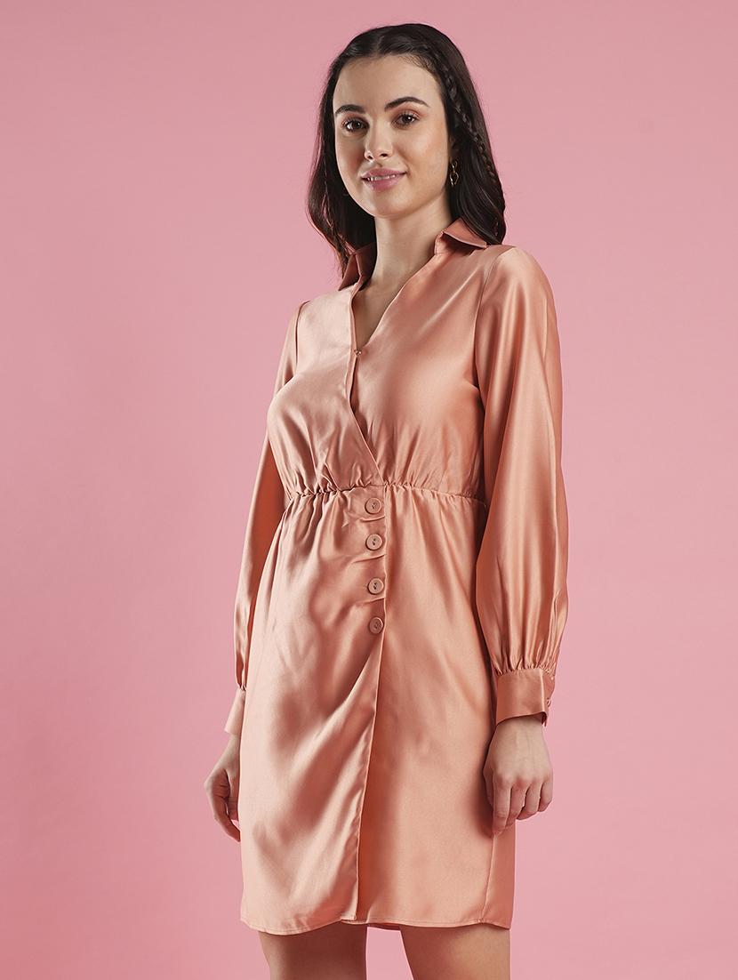 women's peach shirt collar cuffed sleeves hong button detailing wrap workwear dress - 21486287 - Standard Image - 2