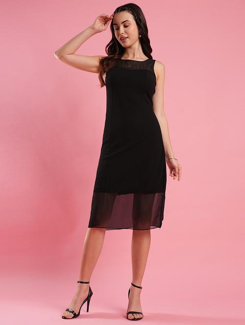 women's black illusion neck stylised back smocked bodycon midi party dress - 21486289 -  Standard Image - 0