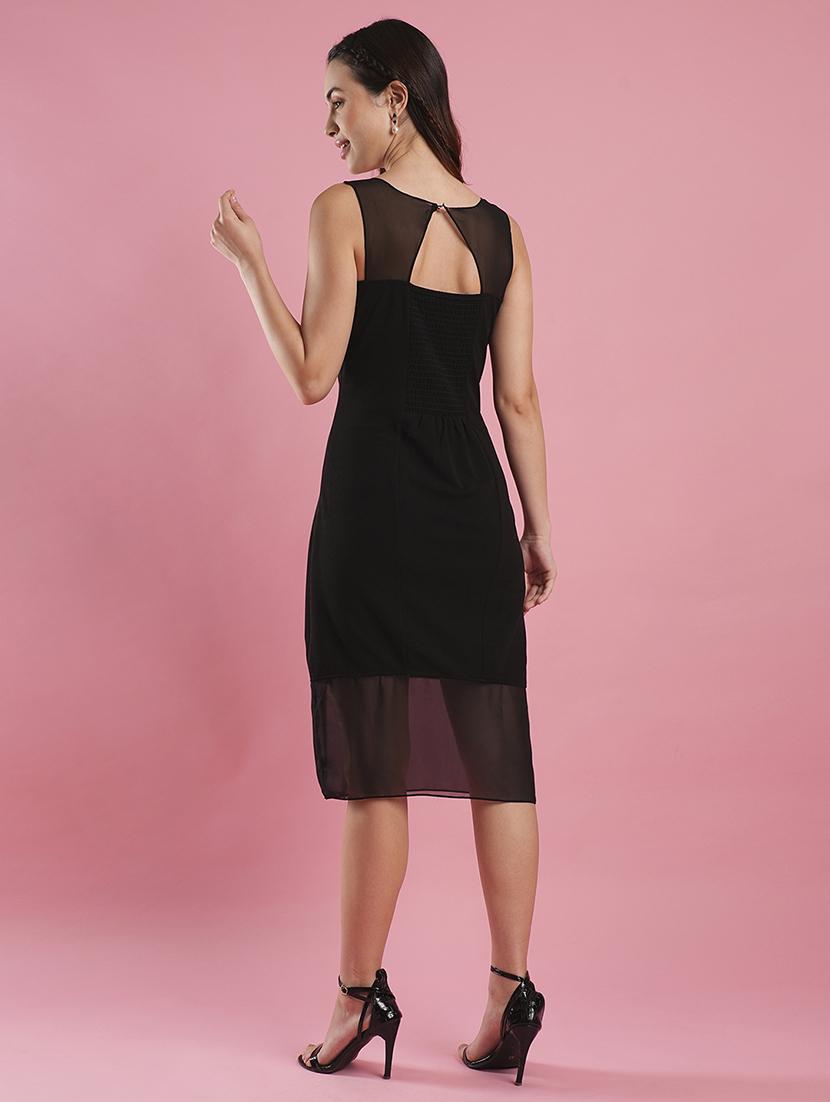 women's black illusion neck stylised back smocked bodycon midi party dress - 21486289 - Standard Image - 2