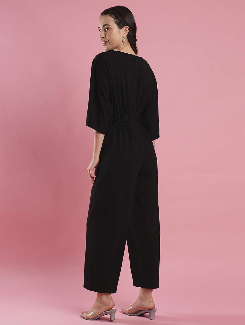 women's black v-neck batwing sleeves cut-out detail long jumpsuit - 21486290 -  Standard Image - 2