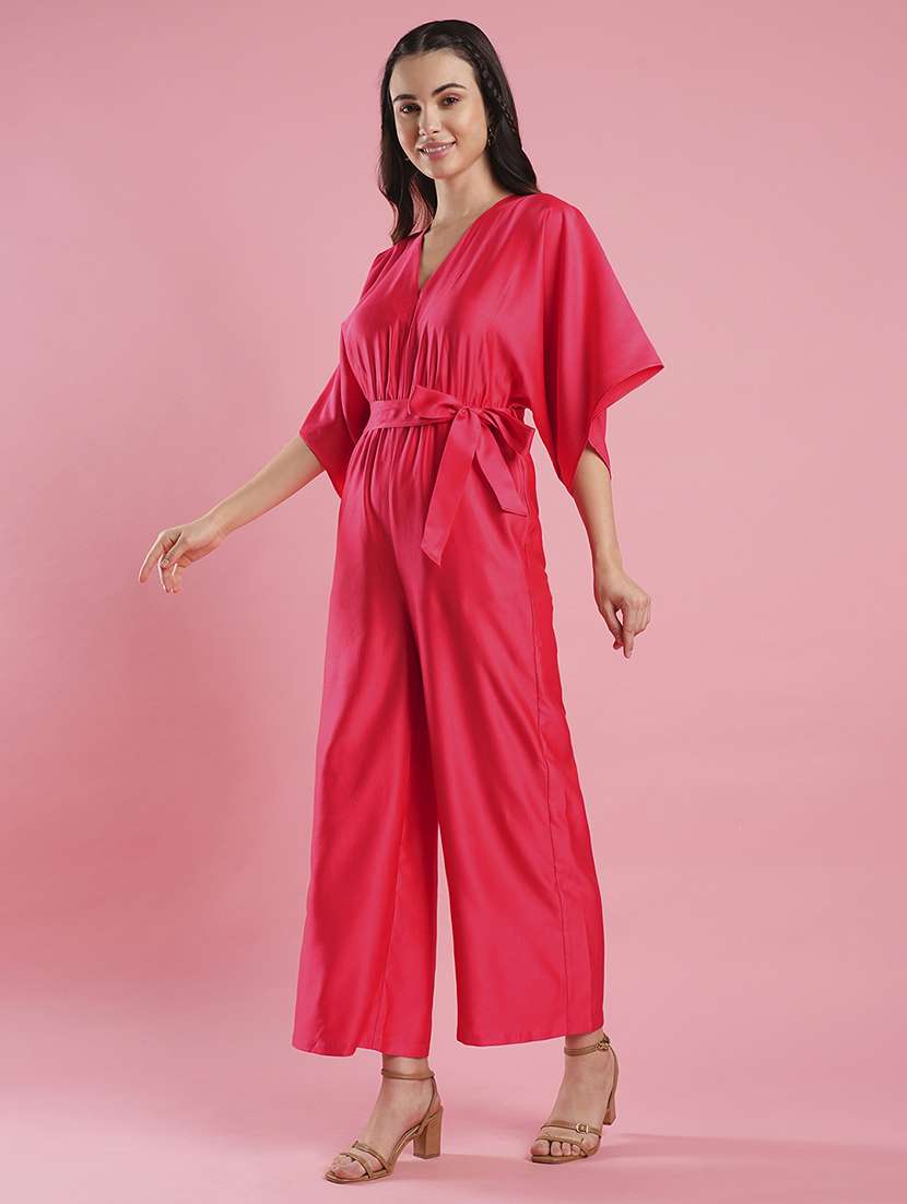 women's pink v-neck kimono style extended sleeves waist tie-up wide leg workwear jumpsuit