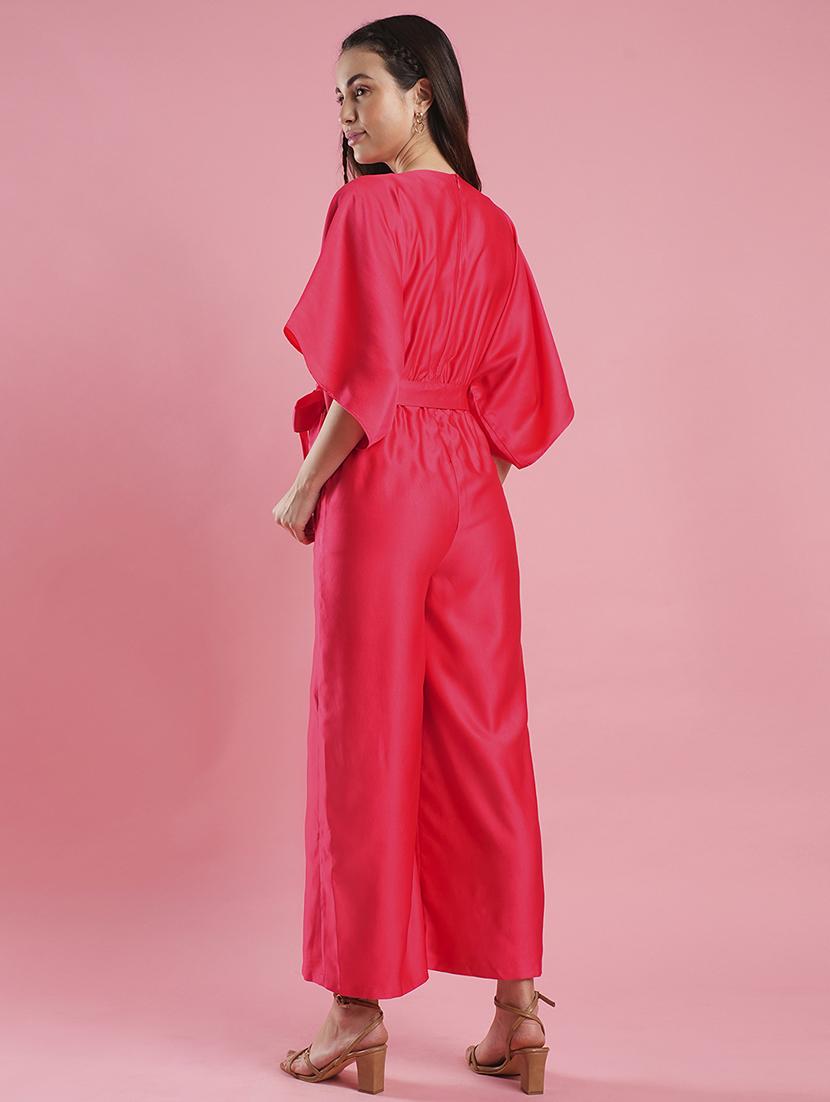 women's pink v-neck kimono style extended sleeves waist tie-up wide leg workwear jumpsuit - 21486291 - Standard Image - 2
