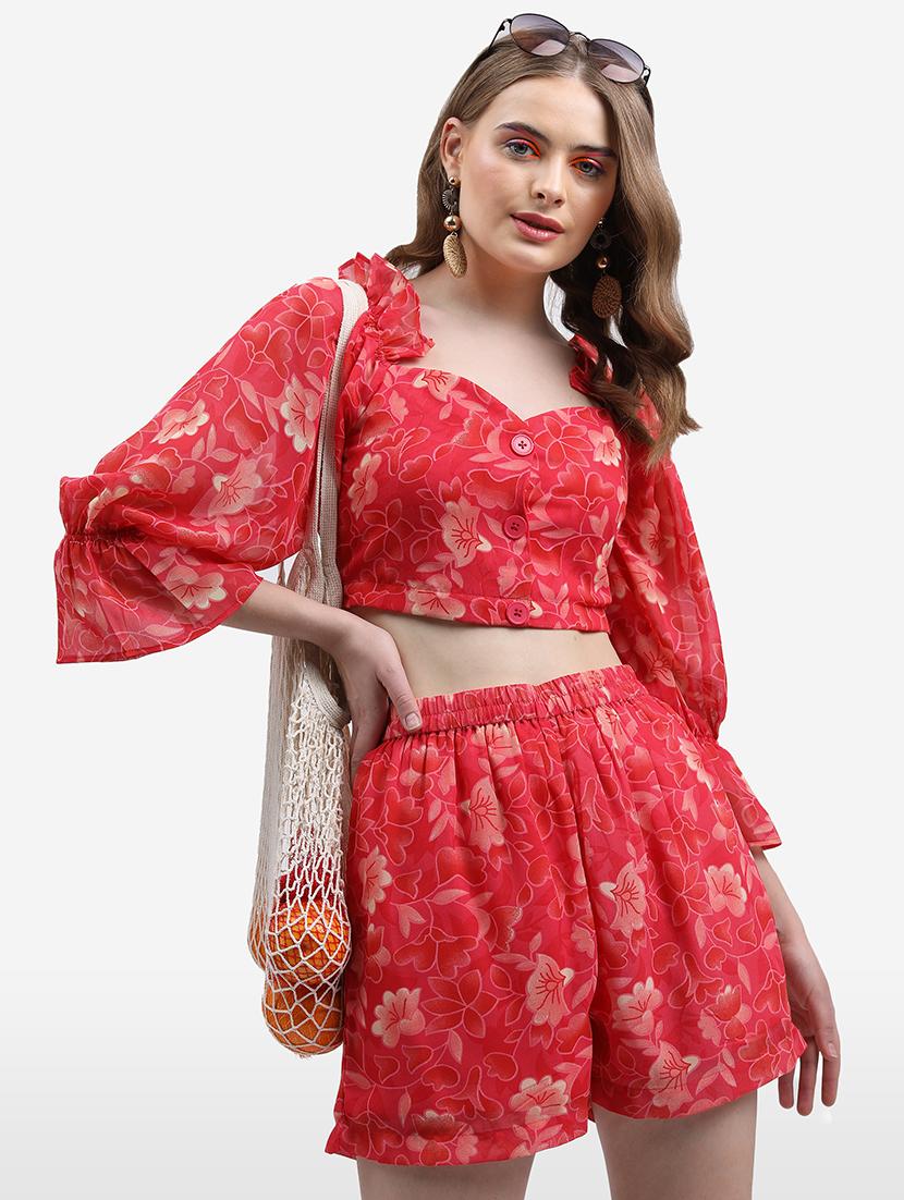 women pink polyester top and shorts co-ord set