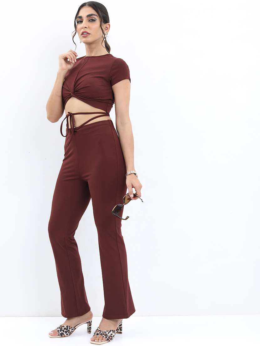 women maroon polyester top and trouser co-ord set