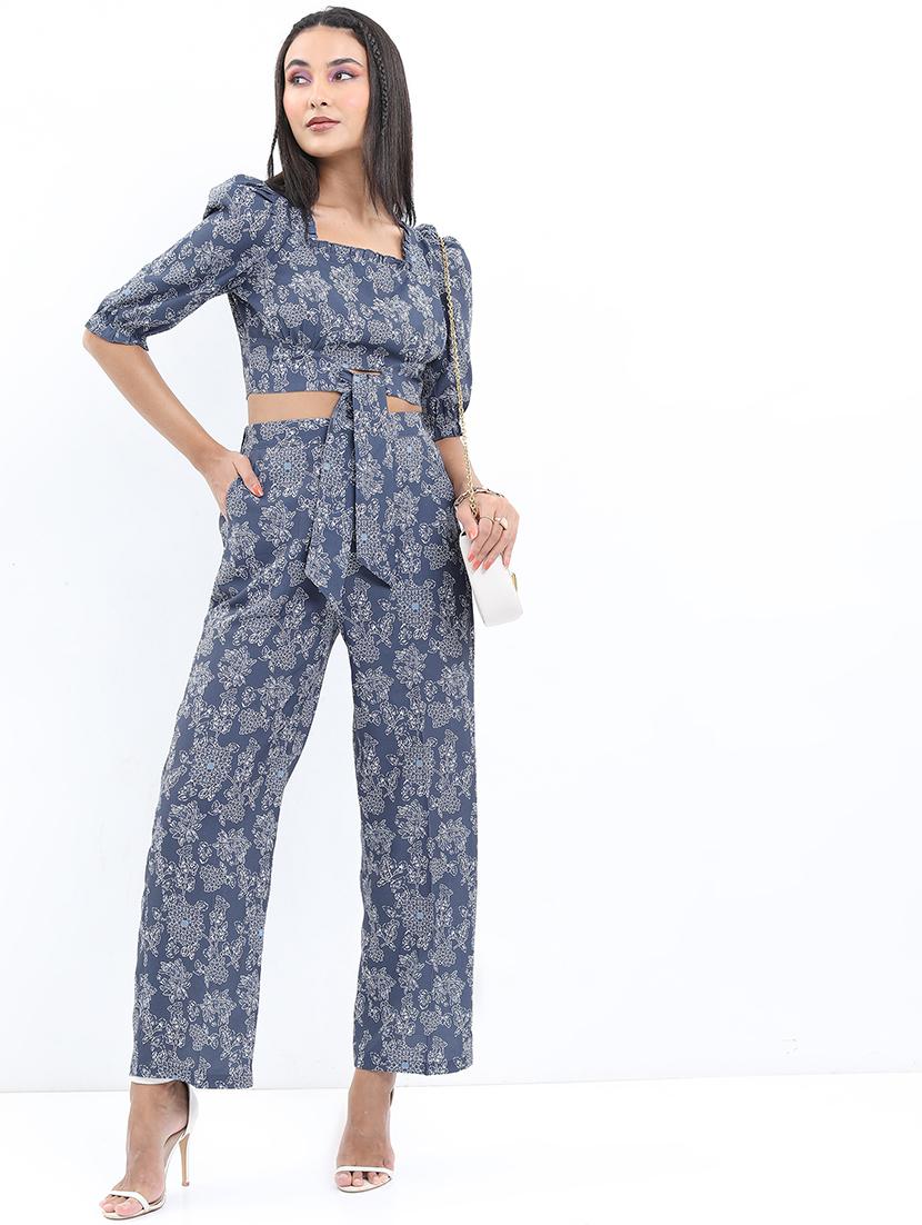women blue polyester top and trouser co-ord set