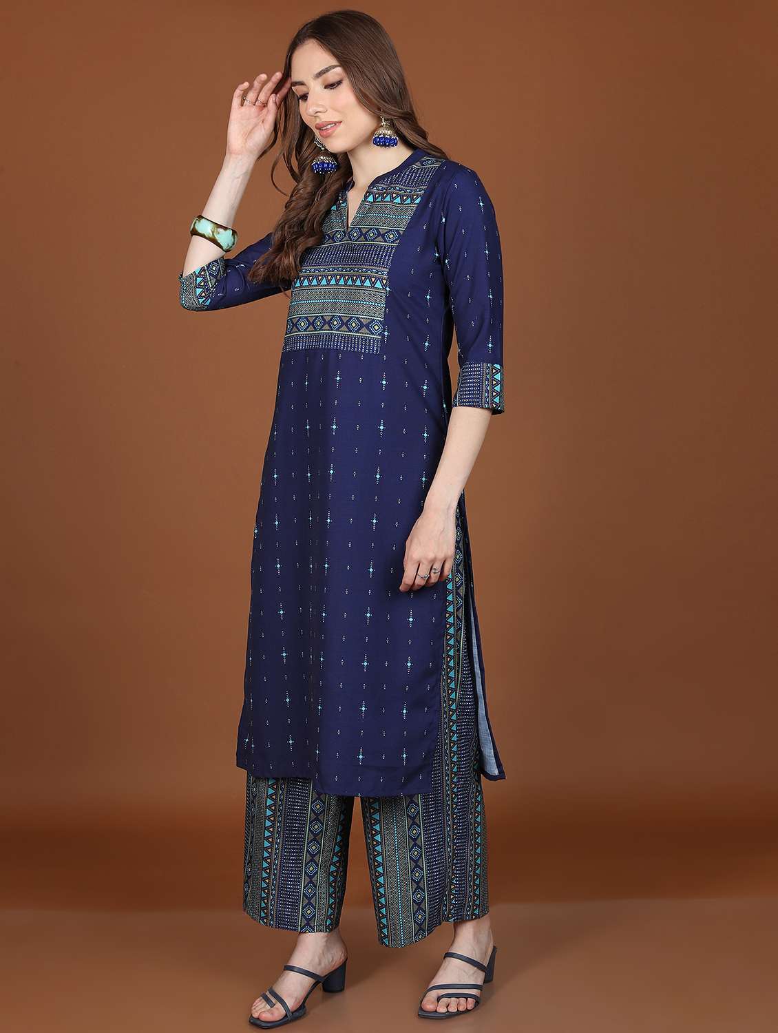 women navy blue printed kurta palazzo set - 21486409 -  Standard Image - 2