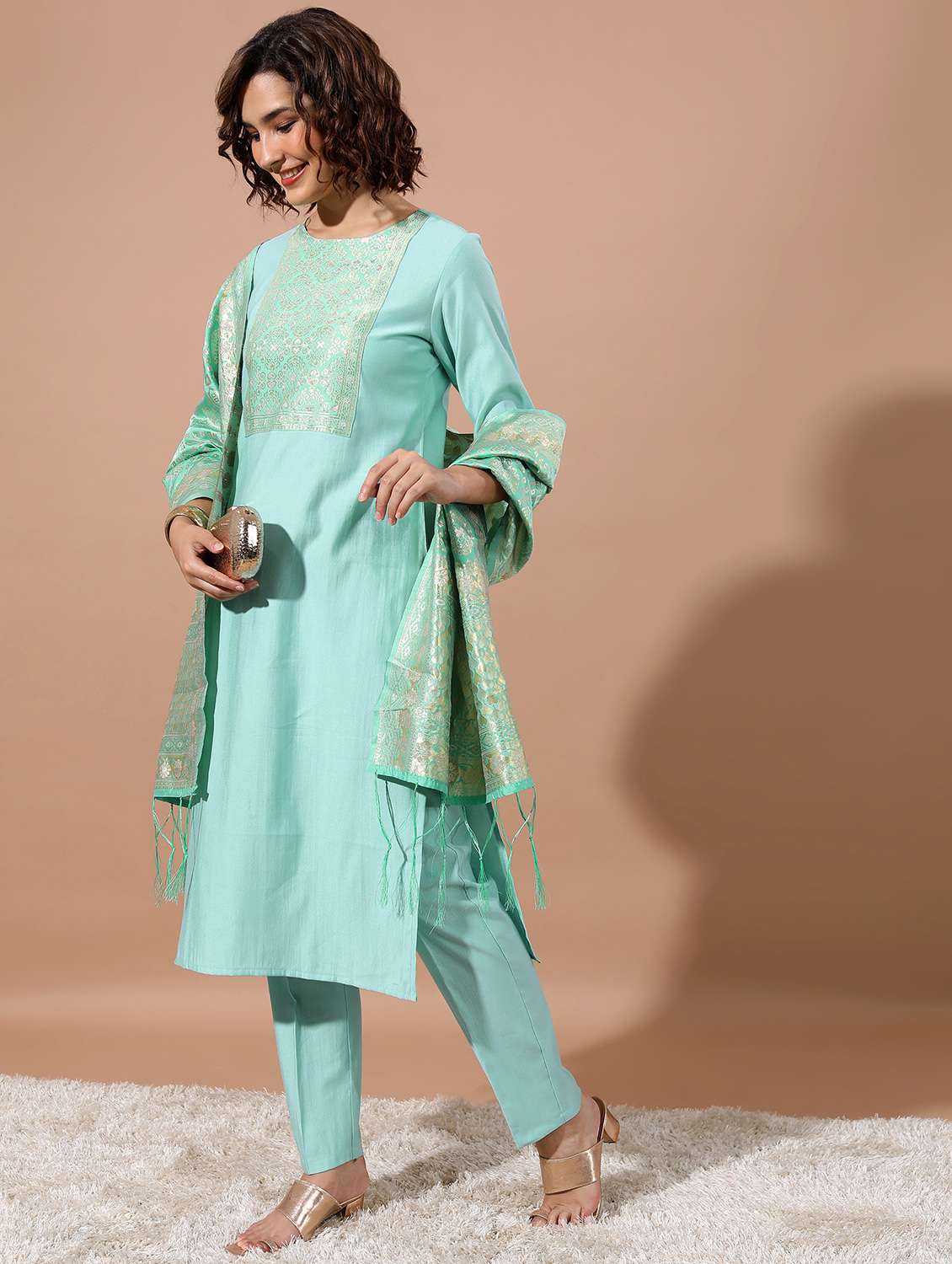 women three quarter sleeve kurta pant with dupatta set - 21486411 -  Standard Image - 2