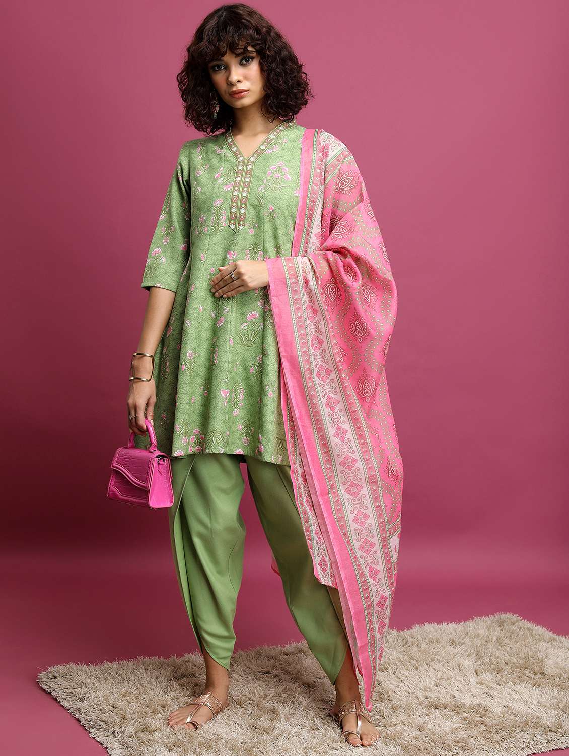 women printed dhoti kurta set with dupatta