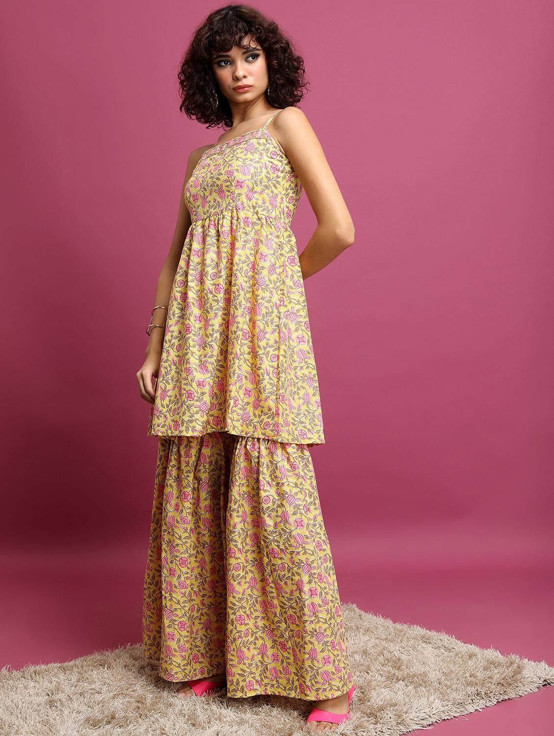 women yellow floral printed kurta sharara set - 21486478 - Standard Image - 2
