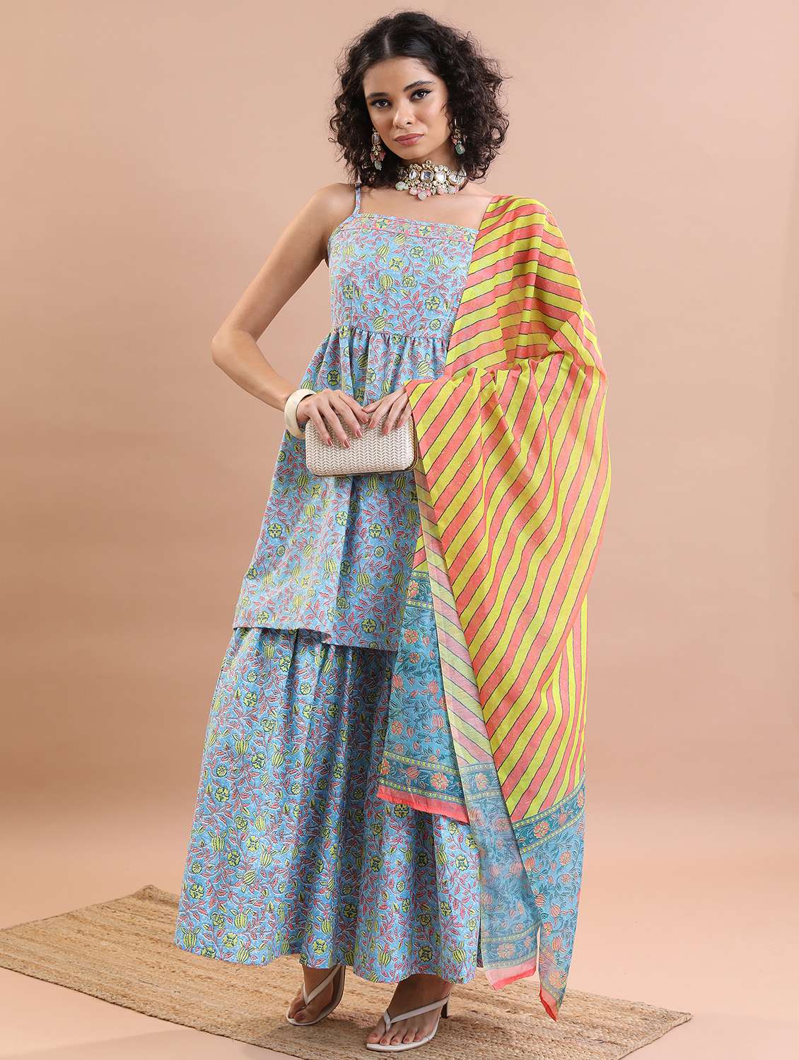 women light blue kurta sharara set with dupatta