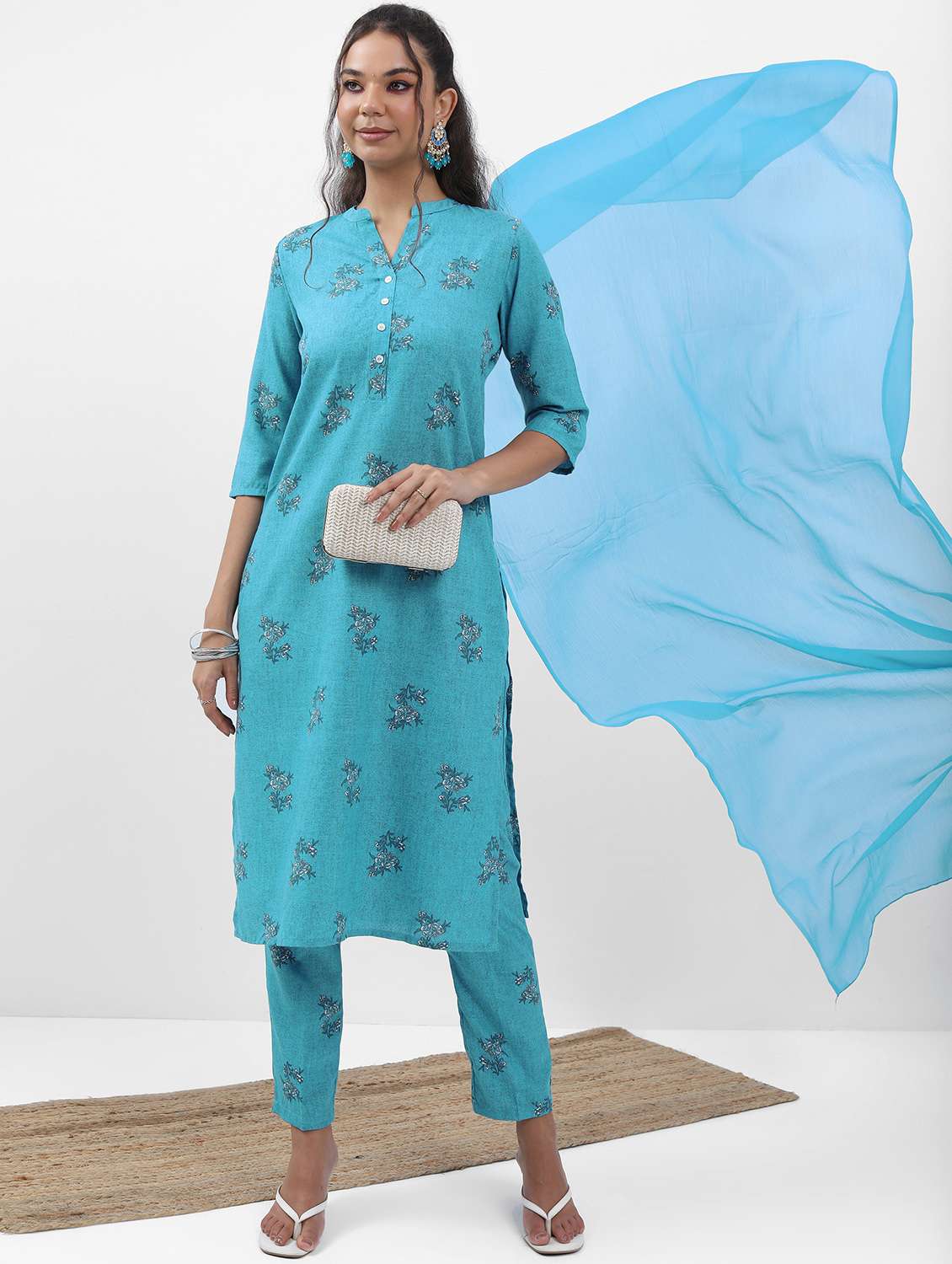 women light blue kurta pant set with dupatta
