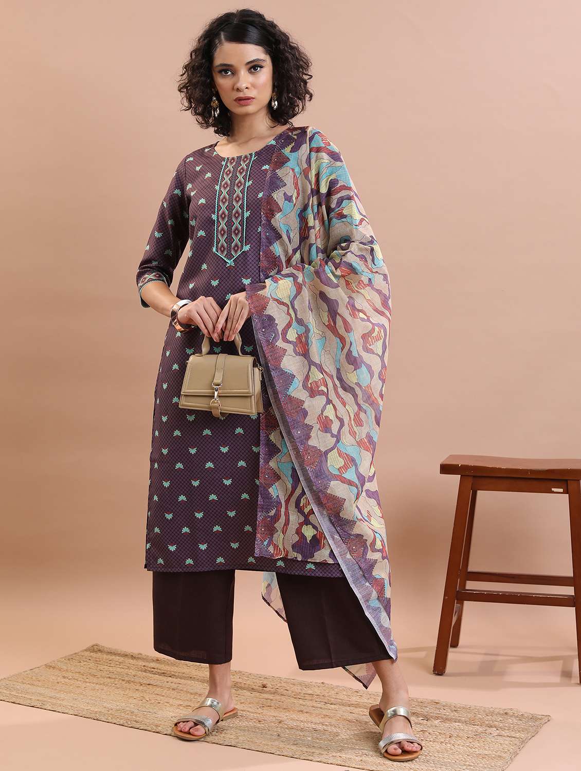 women purple kurta palazzo set with dupatta