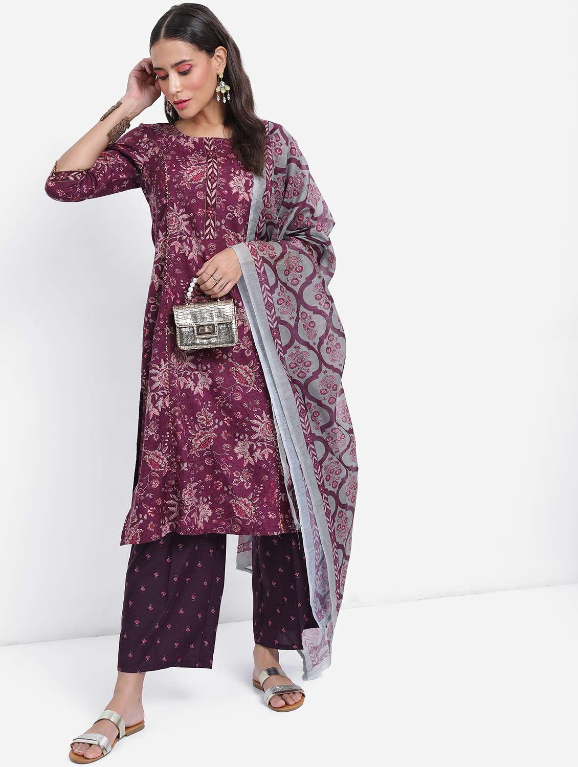 women purple kurta palazzo set with dupatta
