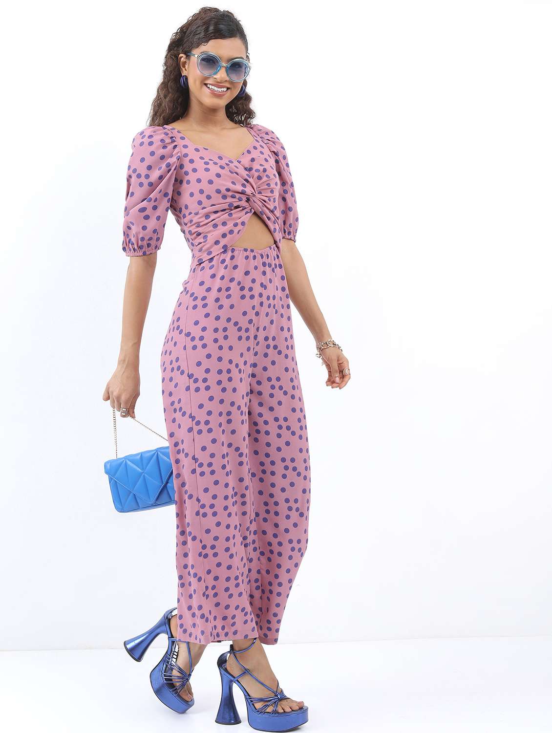 women pink cotton blend full leg jumpsuit - 21486567 - Standard Image - 2
