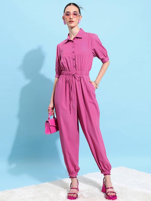 women pink cotton blend full leg jumpsuit - 21486579 - Standard Image - 0