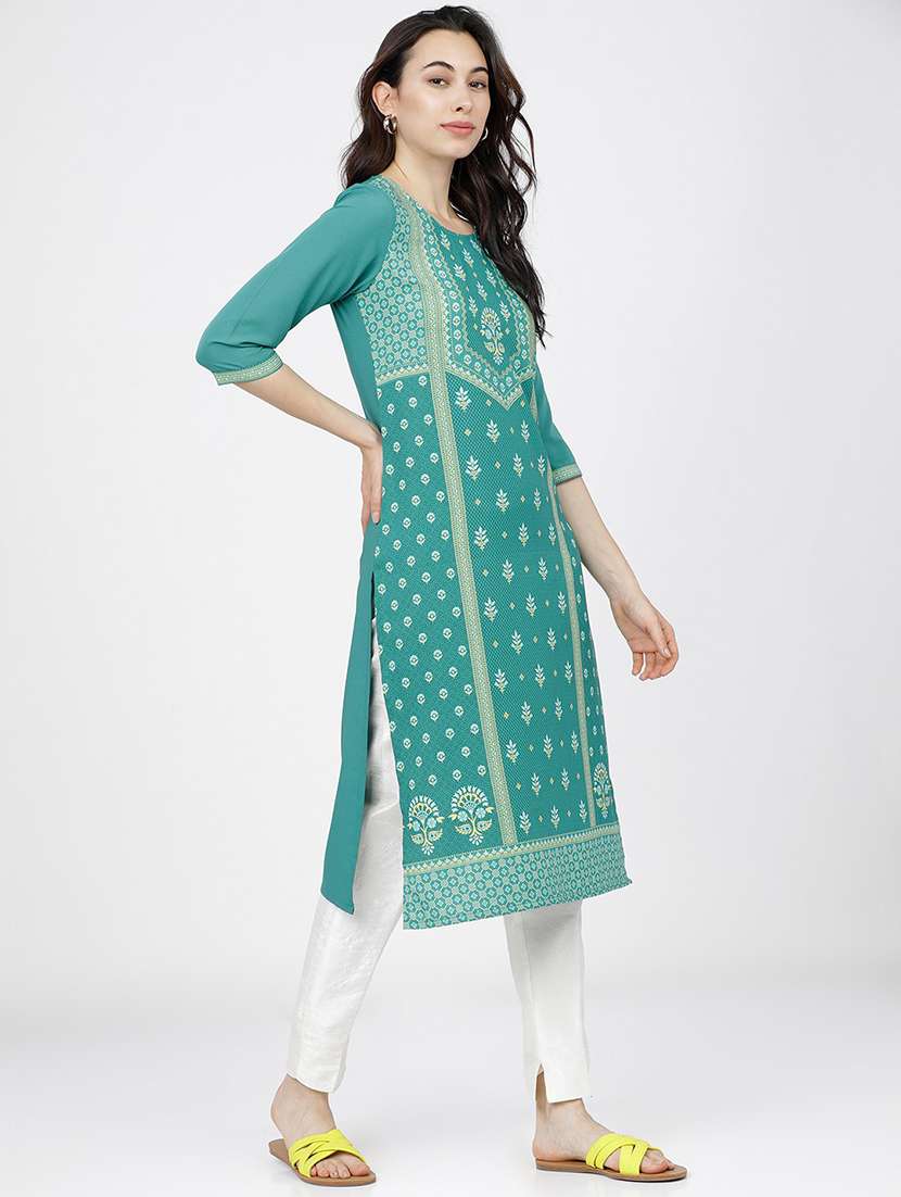 women sea green cotton blend straight kurta - 21486599 -  Standard Image - 2